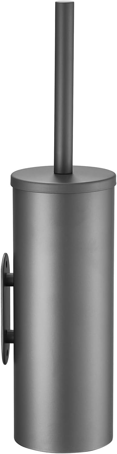 Stainless Steel Toilet Brush and Holder Set, No-Punch Hook Base Dual Purpose Toilet Brush Holder with Removable Inner Bucket and Splash Cover - Soft Bristles (Gray)