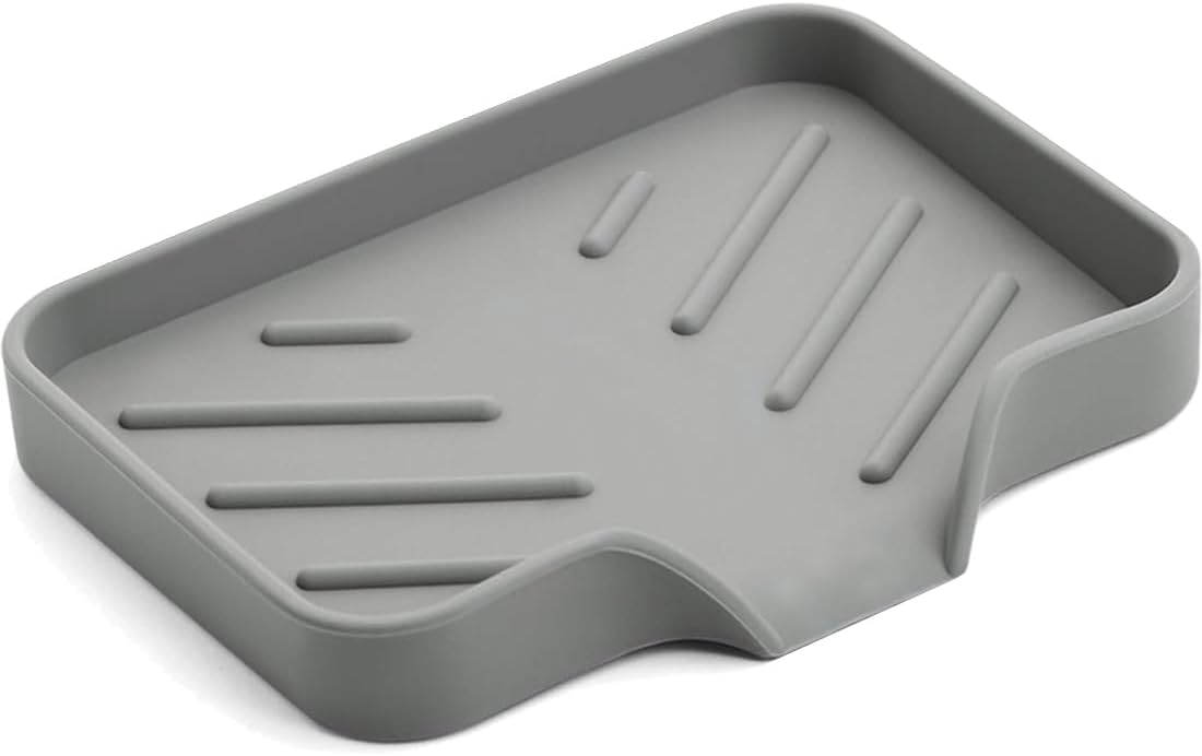 Sponge Holder with Drain Spout, Silicone Sponge Tray for Kitchen Sink, Rubber Soap Dish for Shower Bathroom (Grey, 4.7" x 3.6")