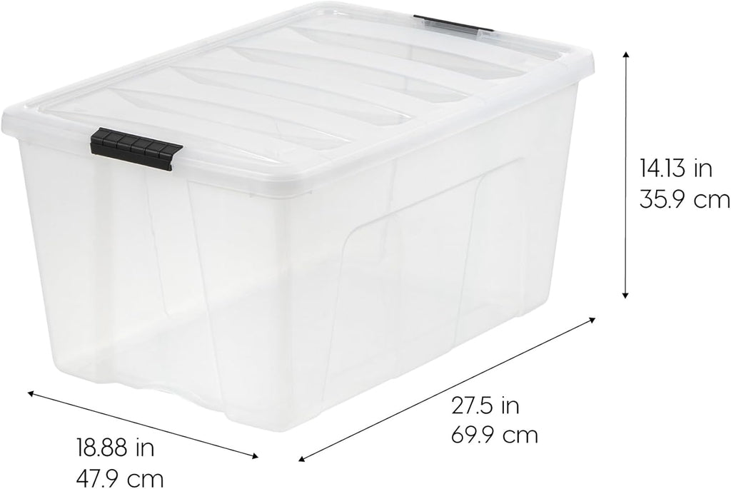 IRIS USA 94 Qt Stackable Plastic Storage Bins with Lids, 2 Pack - BPA-Free, Made in USA - See-Through Organizing Solution, Latches, Durable Nestable Containers, Secure Pull Handle - Clear