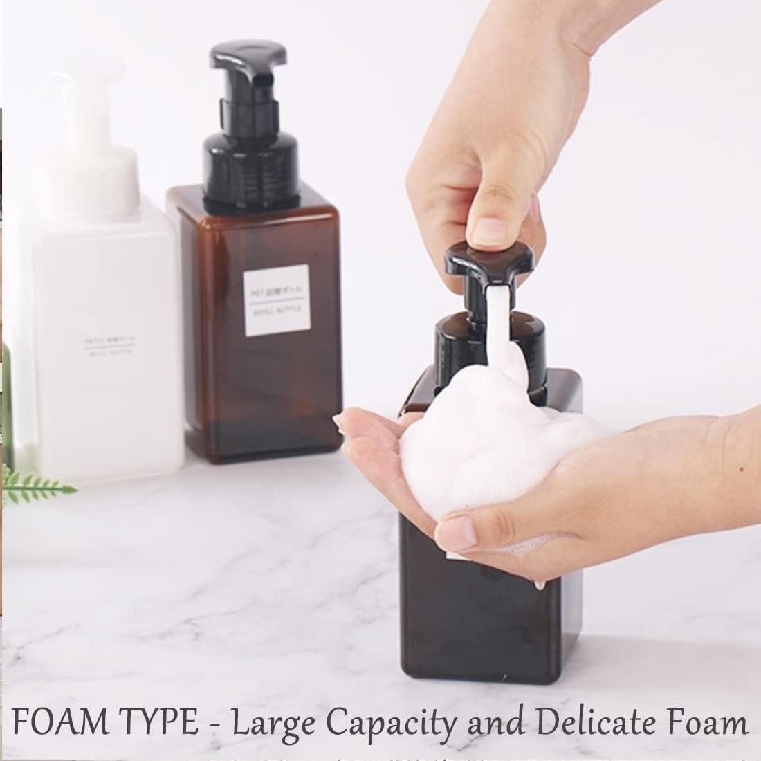 Foaming Soap Dispenser, 450ml(16oz) Refillable Modern Square Pump Bottle for Shampoo, Body Wash, Liquid Soap, PETG Plastic Empty Soap Dispenser for Kitchen, Bathroom, Hospital. 2 Pcs (Brown)