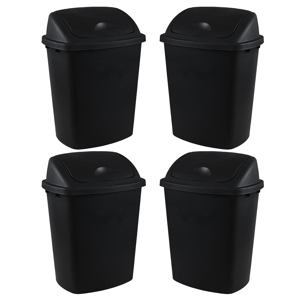 10 Gallon Plastic Swing Top Trash Cans, 4-Pack Garbage Cans with Swing Top Lid, Black