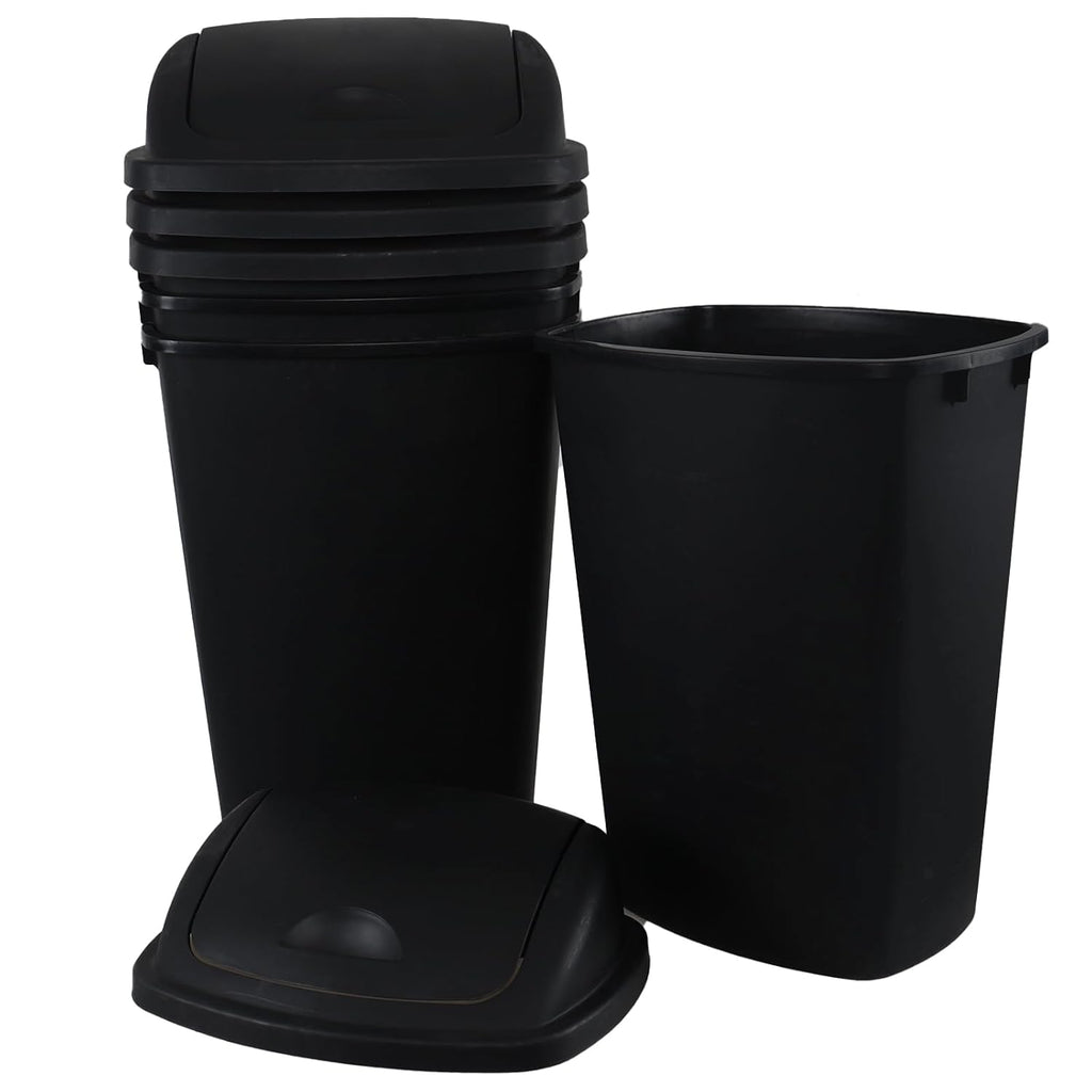 13 Gallon Swing Top Lid Garbage Cans, Large Plastic Kitchen Trash Can Set of 4, Black