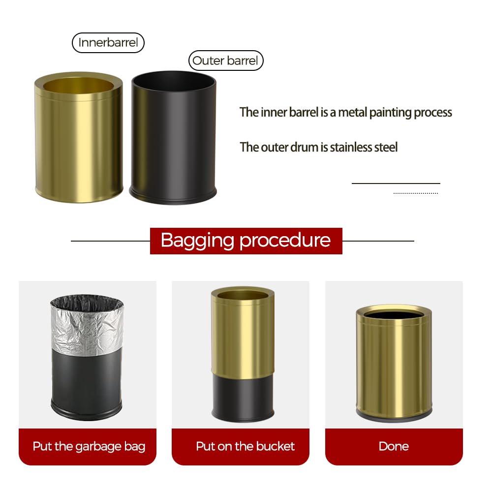 12L/3Gal Antique Brass Bathroom Trash Can,Brushed Brass Garbage can,Small Gold Wastebasket for Office,Hotel,restuarant,Bank,Bathroom,Bedroom (Gold 12)