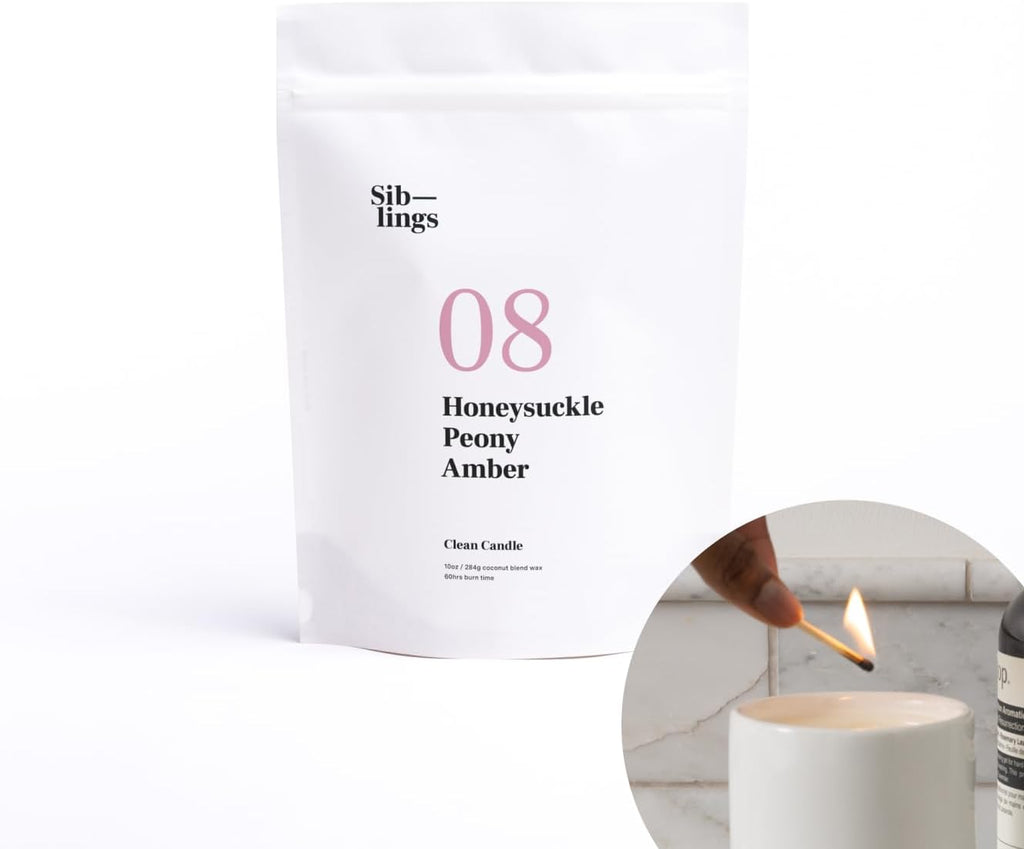 Siblings Candle Making Kit | DIY Coconut-Soy Wax Candle Kit with Wooden Wick | Scent No 08: Honeysuckle, Peony, Amber | Clean, Non-Toxic, Reusable, 60 Hr Burn
