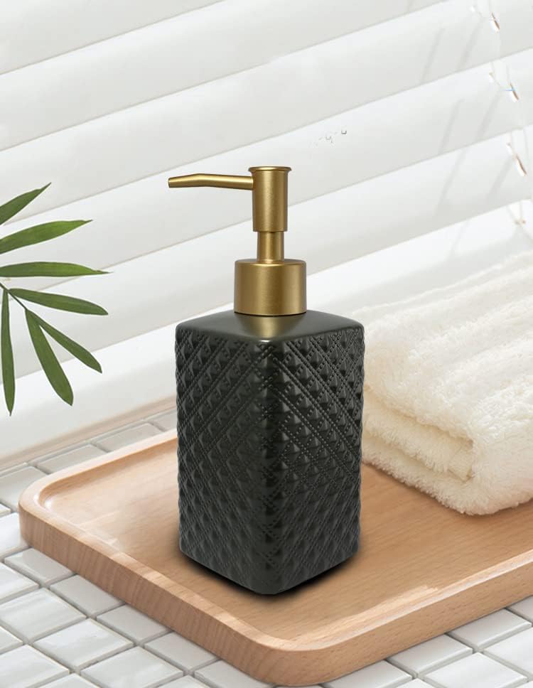 Gold Soap Dispenser for Bathroom,Black Square Lotion Dispenser, Refillable Countertop Ceramic Hand Soap Dispenser,Dish Soap Dispenser for Kitchen 350ml(Black Square Bottle)