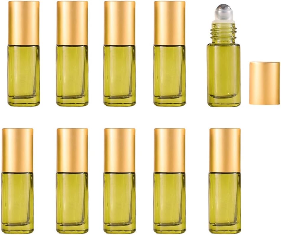 10 Pack Glass Roller Bottles for Essential Oils,10ml Green Roll on Bottles with Stainless Steel Roller Balls,Refillable Aromatherapy Massage Roller Bottle Perfume Bottle for Travel