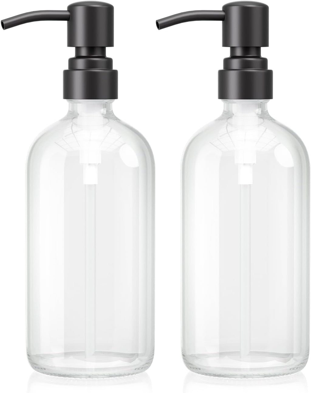 AmazerBath Soap Dispenser, 2 Pack Glass Soap Dispenser with Stainless Steel Pump, 17 Oz Bathroom Hand Soap Dispensers Bottle for Bathroom & Kitchen, Clear & Black