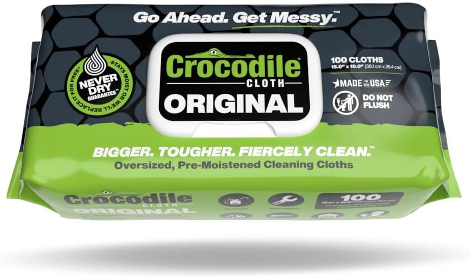 Crocodile Cloth Original Cleaning Wipes – 100 (15” x 10”) Hand & Tool Industrial Cleaning Wipes – Large Multi-Surface Cleaning Cloths, Water-Based Solution with Extreme Cleaning Power — Safe on Skin