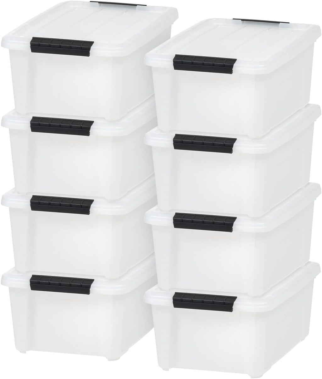 IRIS USA 13.5 Qt Stackable Plastic Storage Bins with Lids, 8 Pack - BPA-Free, Made in USA - Discreet Organizing Solution, Latches, Durable Nestable Containers, Secure Pull Handle - Pearl