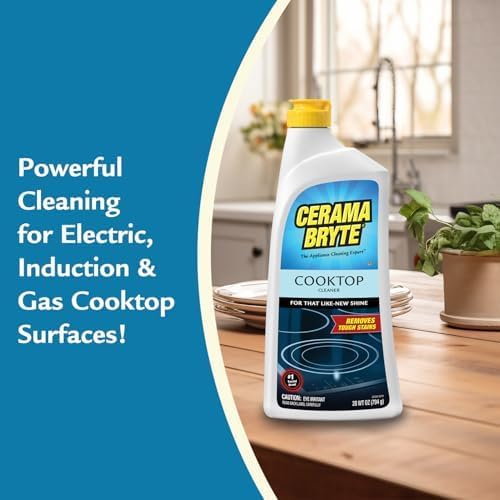 Cerama Bryte Glass Cooktop and Stove Top Cleaner Combo Kit - Includes Cleaning Tool, Razor, Scraper and 1 Pad to Remove Tough Stains - Use on Gas, Electric, Ceramic Surfaces, 10 Ounces, 4 Piece