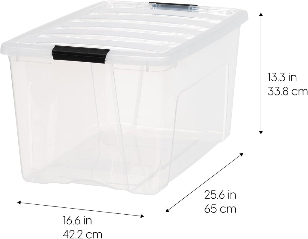 IRIS USA 72 Qt Stackable Plastic Storage Bins with Lids, 4 Pack - BPA-Free, Made in USA - See-Through Organizing Solution, Latches, Durable Nestable Containers, Secure Pull Handle - Clear