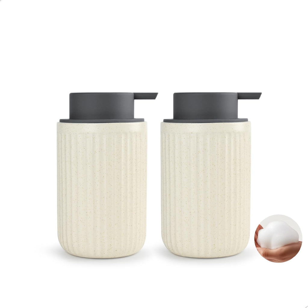 Beige Ceramic Foaming Soap Dispenser 2 Pack, Speckled Rippled 12 oz Bottle with Gray Silicone Pump, Foam Dispenser for Kitchen or Bathroom, Speckled Beige
