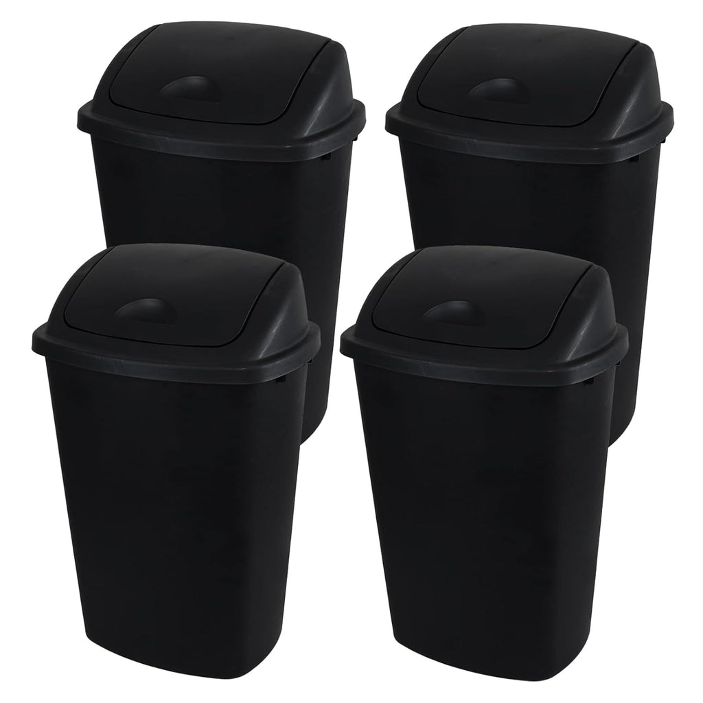 13 Gallon Garbage Can with Swing Lid, Plastic Kitchen Trash Can, 4 Pack, Black