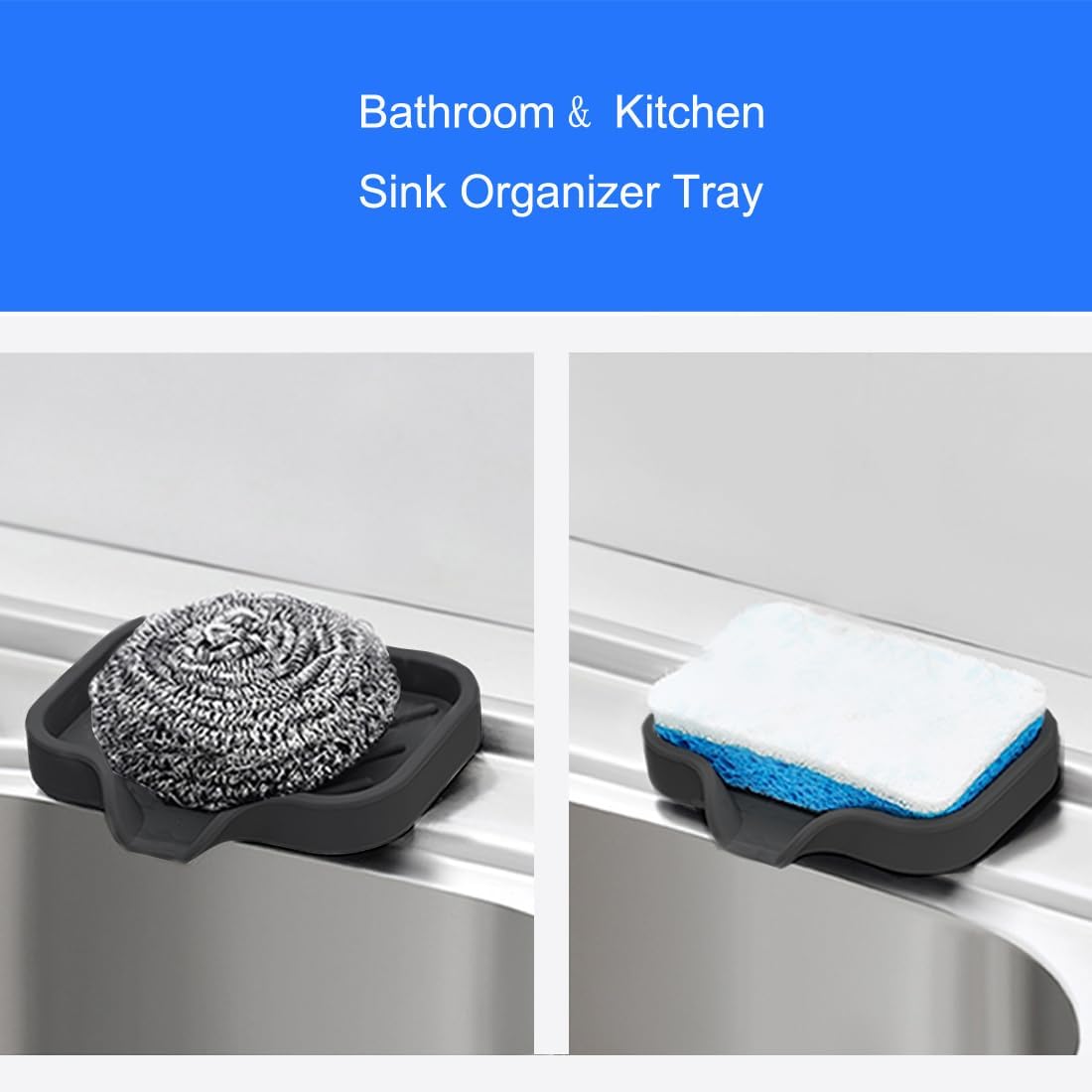 Sponge Holder with Drain Spout, Silicone Sponge Tray for Kitchen Sink, Rubber Soap Dish for Shower Bathroom (Black, 4.7" x 3.6")