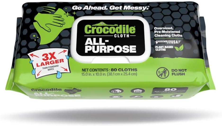 Crocodile Cloth All-Purpose Cleaning Wipes – 8 Pack/640 Total Count, 15"x10" Extra Large Plant-Based Disposable Cloths – Moist, Absorbent, Safe on Skin, Multi-Surface Use
