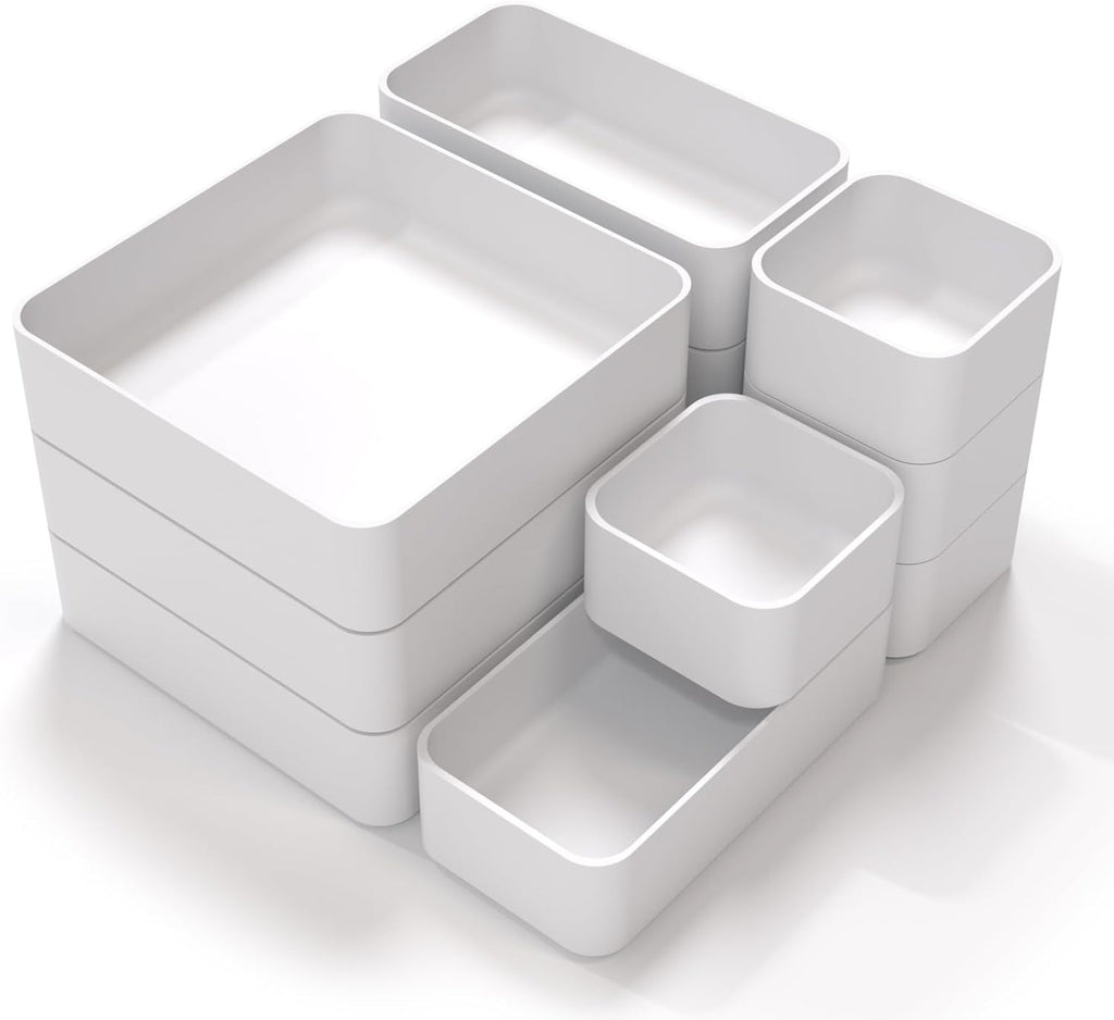 11-Piece Stackable Drawer Organizer Set, Multi-size Desk Drawer Organizer Trays Vanity Storage Bins for Storing Makeup, Stationery, Utensils in Bathroom Dresser, Office and Kitchen