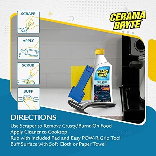 Cerama Bryte Glass Cooktop and Stove Top Cleaner Combo Kit - Includes Cleaning Tool, Razor, Scraper and 1 Pad to Remove Tough Stains - Use on Gas, Electric, Ceramic Surfaces, 10 Ounces, 4 Piece