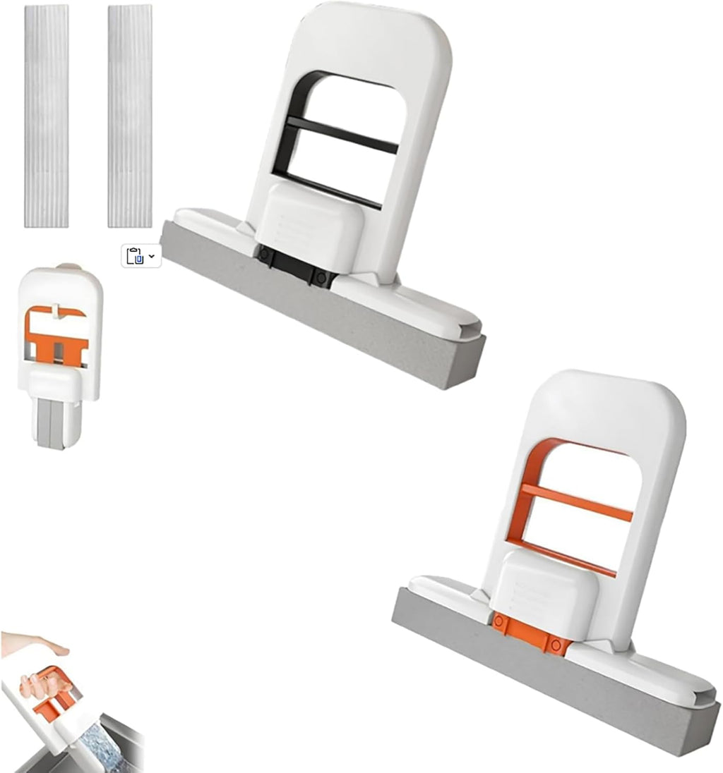 Mini Foldable Desktop Mop, Sponge Mop Wet and Dry Use Cleaning System, Self-Squeeze Small Mop for Bathroom Kitchen Desktop Glass Living Room Car (Orange+Black, 2pcs)