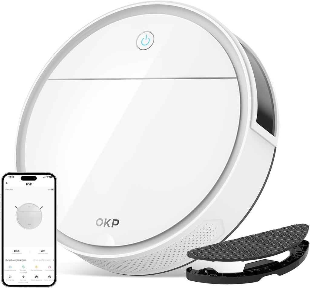 OKP K5 Pro Robot Vacuum and Mop, 3 in 1 Mopping Robotic Vacuum with 5000Pa Suction Power, 180 Mins Runtime, Quiet Design, Wi-Fi/APP/Alexa/Remote Control, Good for Hard Floors and Pet Hair Pick Up