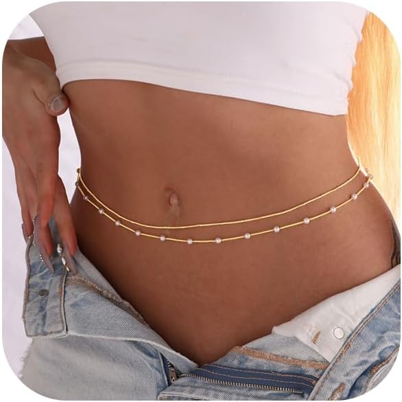 14K Gold Plated Body Chains Dainty Boho Layered Beach Waist Chain Adjustable Bikini Belly Chain Jewelry Accessories for Women Sexy