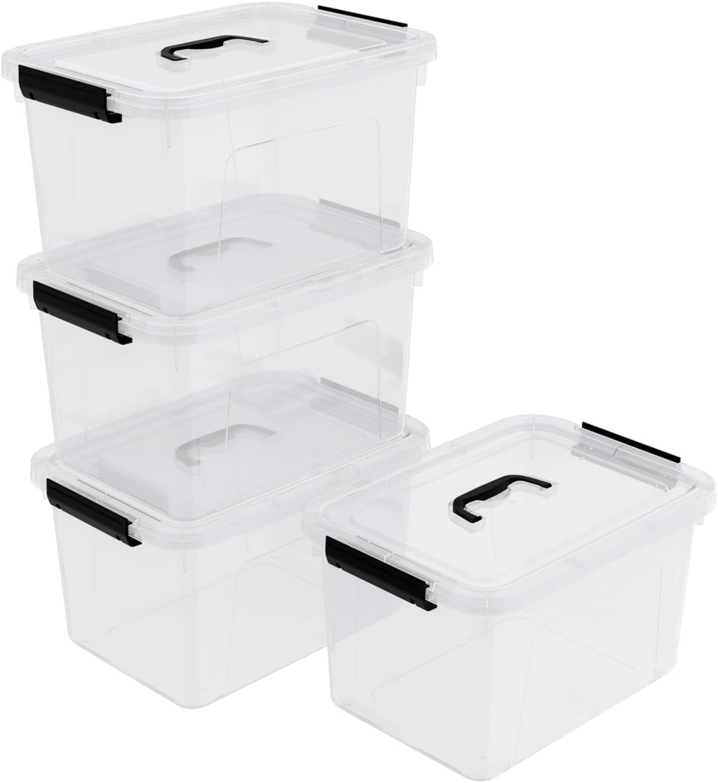10.5 L Clear Latch Storage Bin with Lid, 4 Packs Plastic Organizing Box with Black Handle