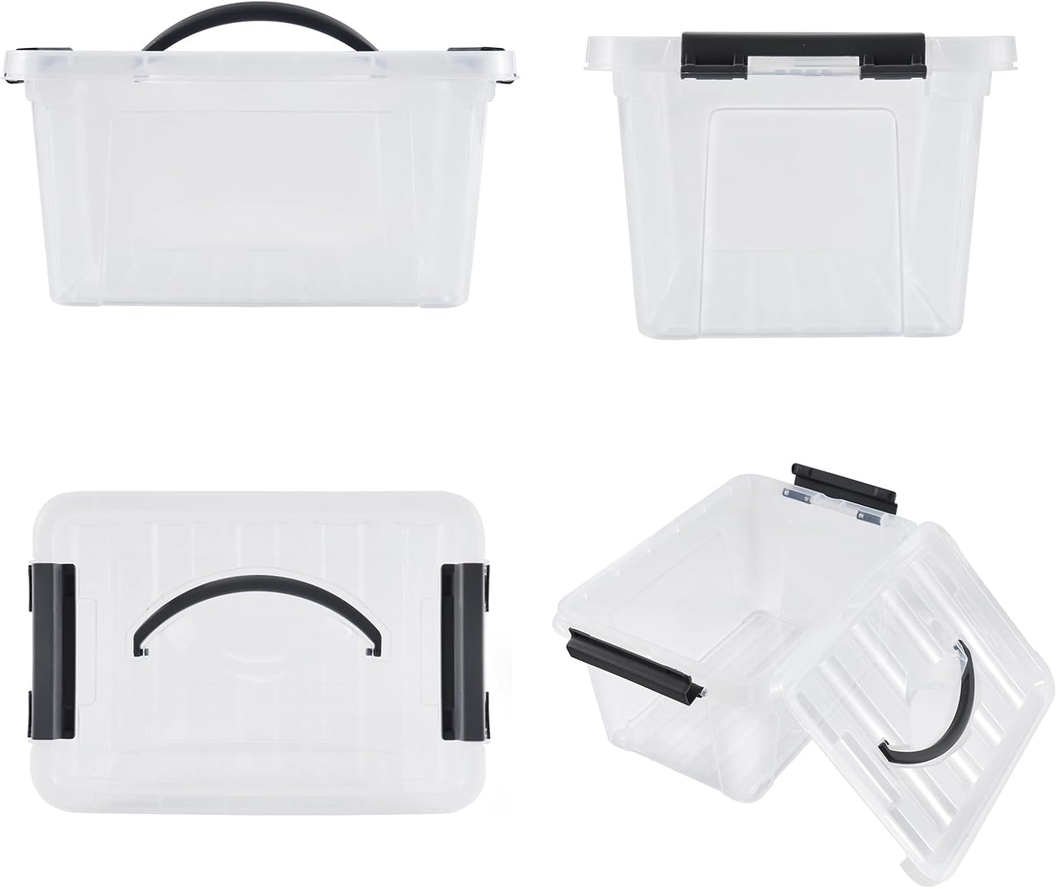 6 Quart Plastic Stackable Storage Latch Bins,Clear Latching Box with Handle and Lid,Pack of 6 (Black Handle)