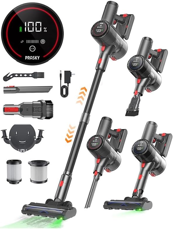 Cordless Vacuum Cleaner, 6-in-1 Lightweight Stick Vacuum with 45mins Runtime, LED Display & Light, Self-Standing, Rechargeable Cordless Vacuum for Carpet, Tile, Pet Hair, Hardwood Floors (Black)