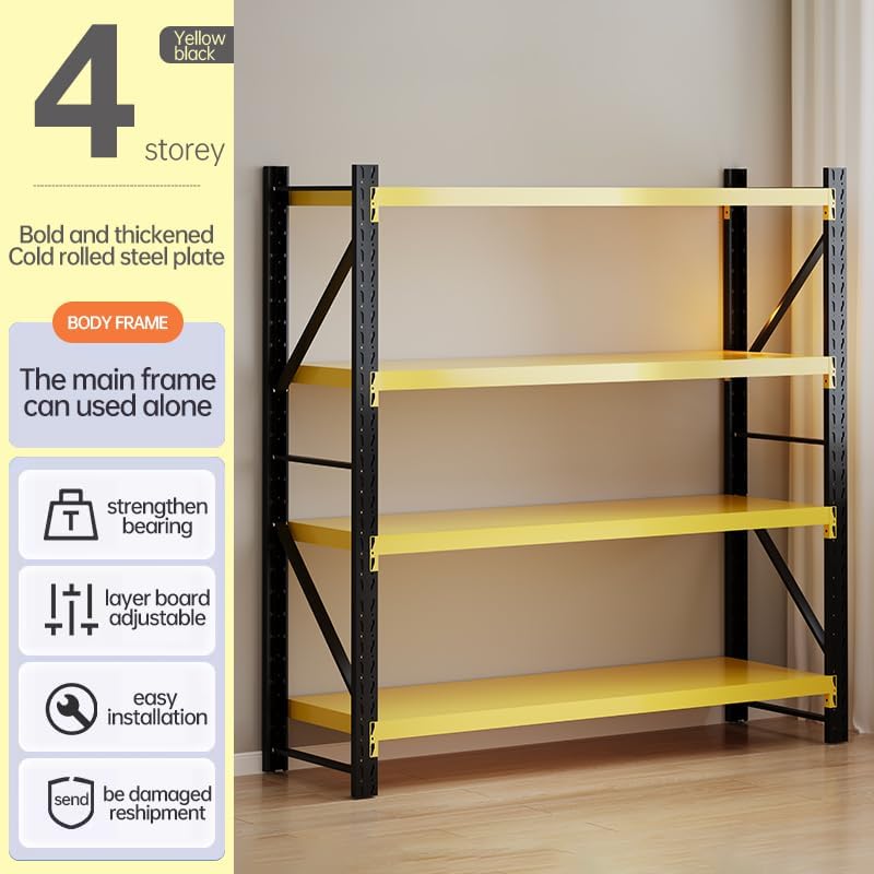 Storage Shelves Heavy Duty, Metal Garage Shelving Units, 4 Tier Storage Rack Shelf, Steel Industrial Shelving, Adjustable Standing Shelf for Basement/Warehouse Yellow and Black, W59.06*D19.69*H78.74