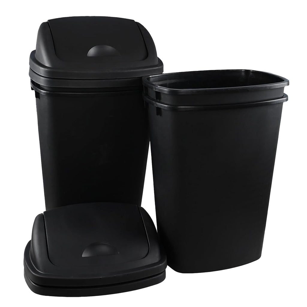 13 Gallon Plastic Trash Can with Swing Top Lid, 4 Packs Swing Lid Garbage Bins, Black
