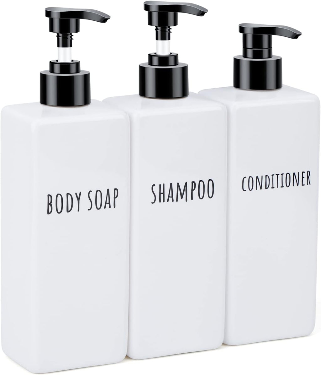 Segbeauty Plastic Soap Dispenser, 3pcs 16.9oz Refillable Shampoo Bottles White, 500ml Empty Square Pump Press Bottle Shower Dispenser Lotion Container for Modern Bathroom Hotel Kitchen