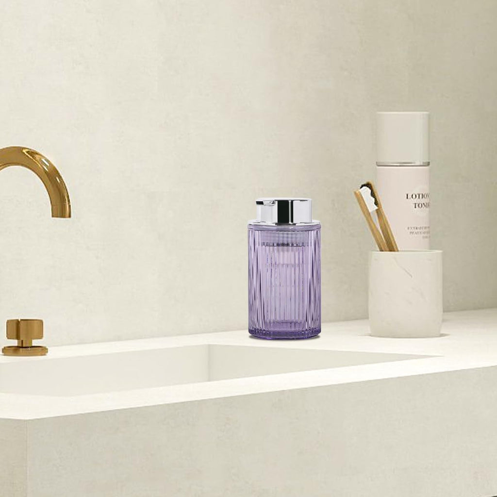 Foaming Soap Dispenser, 11 Oz Thick Glass Foam Hand Soap Dispenser, Refillable Glass Foam Pump Bottle Container Decorative Slim Ribbed Bottle for Bathroom and Kitchen (1, Purple Silver)