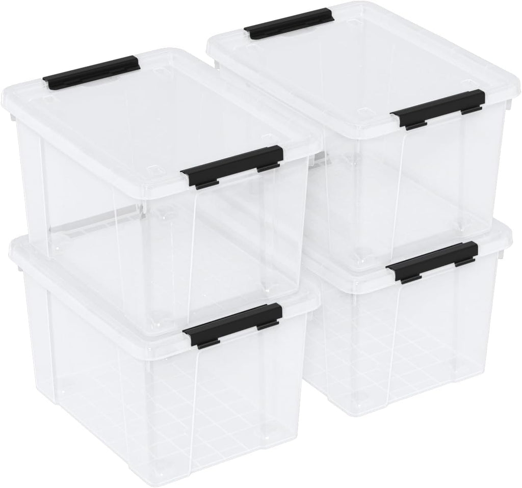 23 L Clear Plastic Storage Box with Lid, Stackable Lidded Storage Bin Container with Wheels and Secure Latching Buckles, 4 Packs