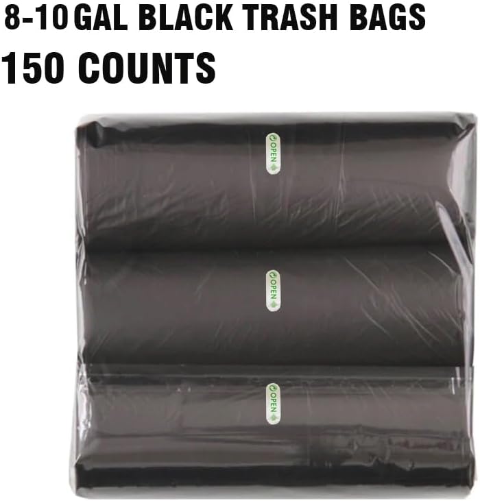 8-10 Gallon Trash Bags, 150 Count Black Garbage bags, Multi-purpose Trash Can Bin Liners for Bathroom, Office, Industrial, Commercial, Janitorial, Municipal, Recycling
