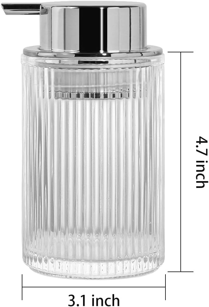Clear Foaming Soap Dispenser, 12 Oz Glass Foaming Hand Soap Dispenser with Silver Pump, Bathroom Refillable Liquid Lotion Container Pump Ribbed Bottle for Kitchen Bathroom Decor, 1pc