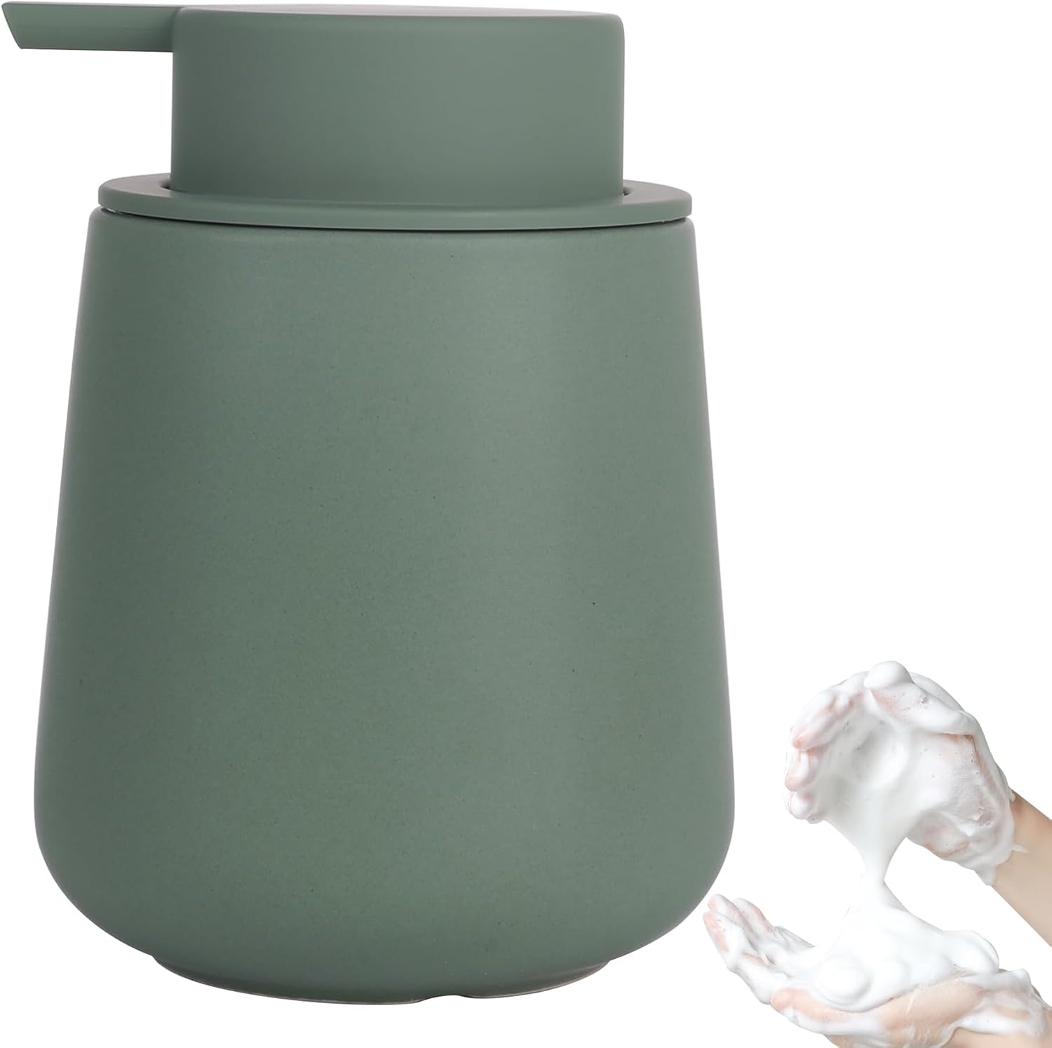 INGOFIN Ceramic Foaming Soap Dispenser - 12oz Foam Hand Soap Dispenser Bathroom, Modern Dish Soap Bottle with Pump for Kitchen, Matte Green