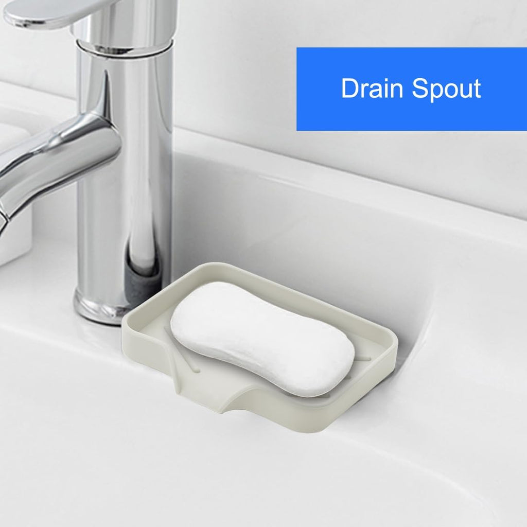 Sponge Holder with Drain Spout, Silicone Sponge Tray for Kitchen Sink, Rubber Soap Dish for Shower Bathroom (Beige, 4.7" x 3.6")