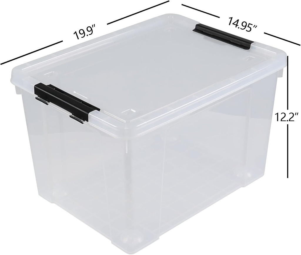 50 L Large Plastic Storage Bins with Latching Lids and Wheels, 4-Pack Clear Stackable Boxes for Closet, Garage