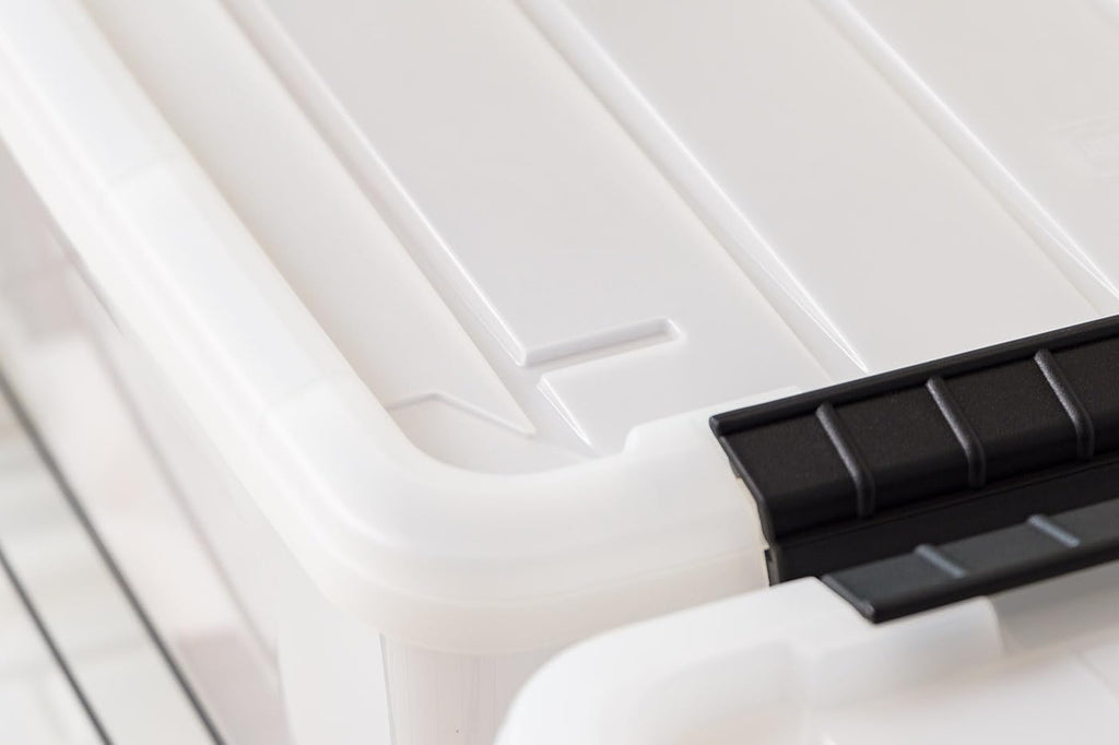 IRIS USA 13.5 Qt Stackable Plastic Storage Bins with Lids, 8 Pack - BPA-Free, Made in USA - Discreet Organizing Solution, Latches, Durable Nestable Containers, Secure Pull Handle - Pearl