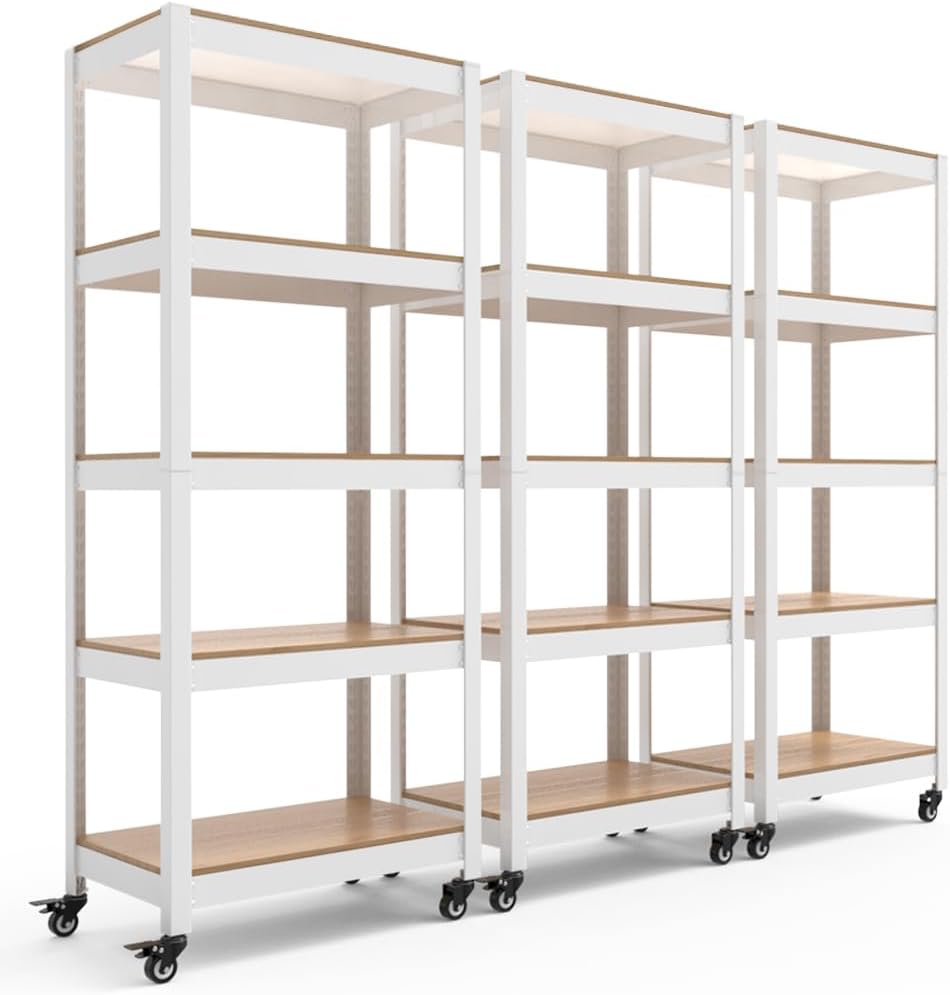 HOMEDANT House White 5-Tier Metal Rolling Cart Shelf Rack Casters Heavy Duty Wheel Shelving Unit Adjustable Utility Storage Shelves Organizer Shelf Kitchen Garage 24.4" W x 16.5" D x 62.2" H 3Pack