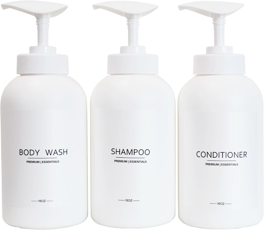 Frosted Pearl White Shampoo and Conditioner Bottles, Refillable Apothecary Dispenser Pump for Shampoo, Sanitizer, Lotion, Oil, Shower Soap, Hand Soap, Dish Soap (3, 500ml)