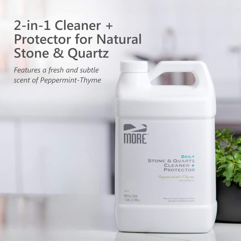 MORE Stone & Quartz Cleaner + Protector - Water-Based Surface Care Spray Refill - For Kitchen & Bathroom Countertops - Daily Cleaner/Protector - Peppermint-Thyme Essential Oil - 128oz