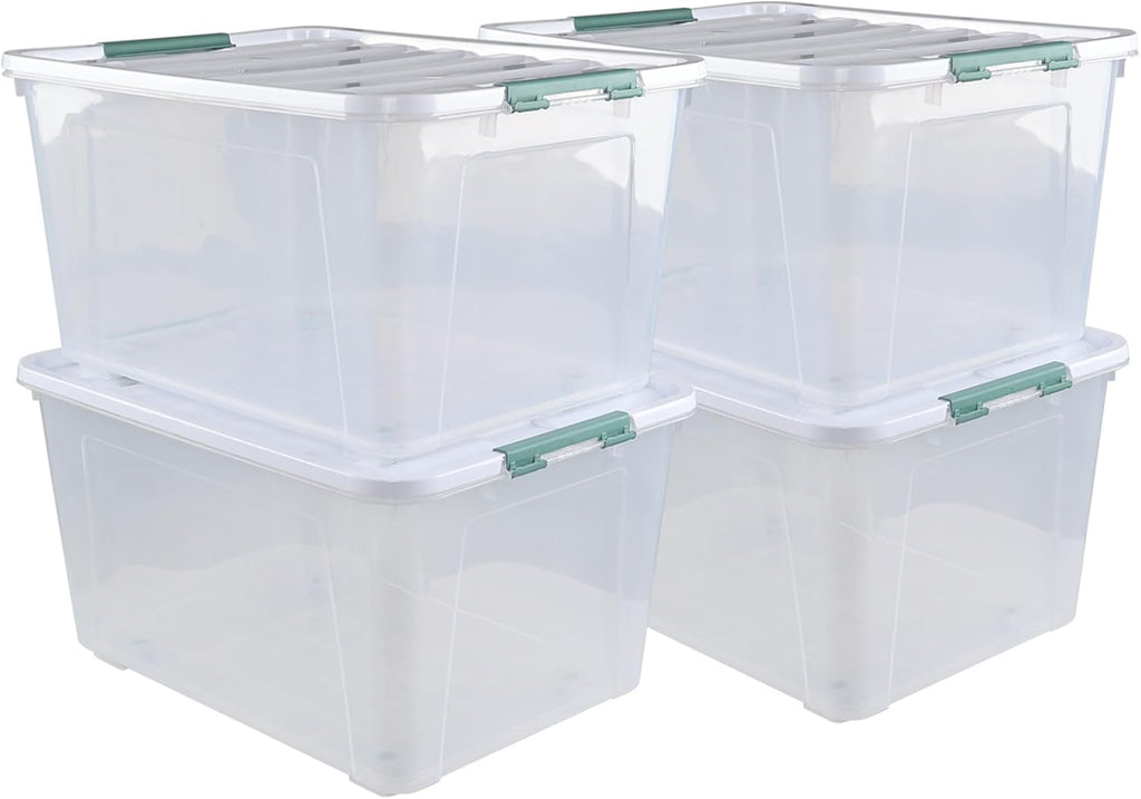 80 L Large Clear View Plastic Storage Bin with Lid and Secure Latching Buckles, 4-Pack Wheeled Clear Storage Boxes