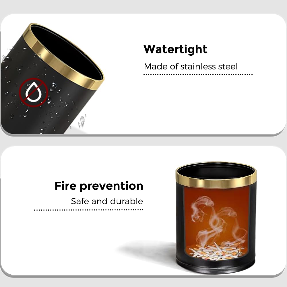 14L/3.7GAL Black and Gold Open Top Trash Can - Metal Office Wastebasket Without Lid for Office, Hotel, Store, Restaurant