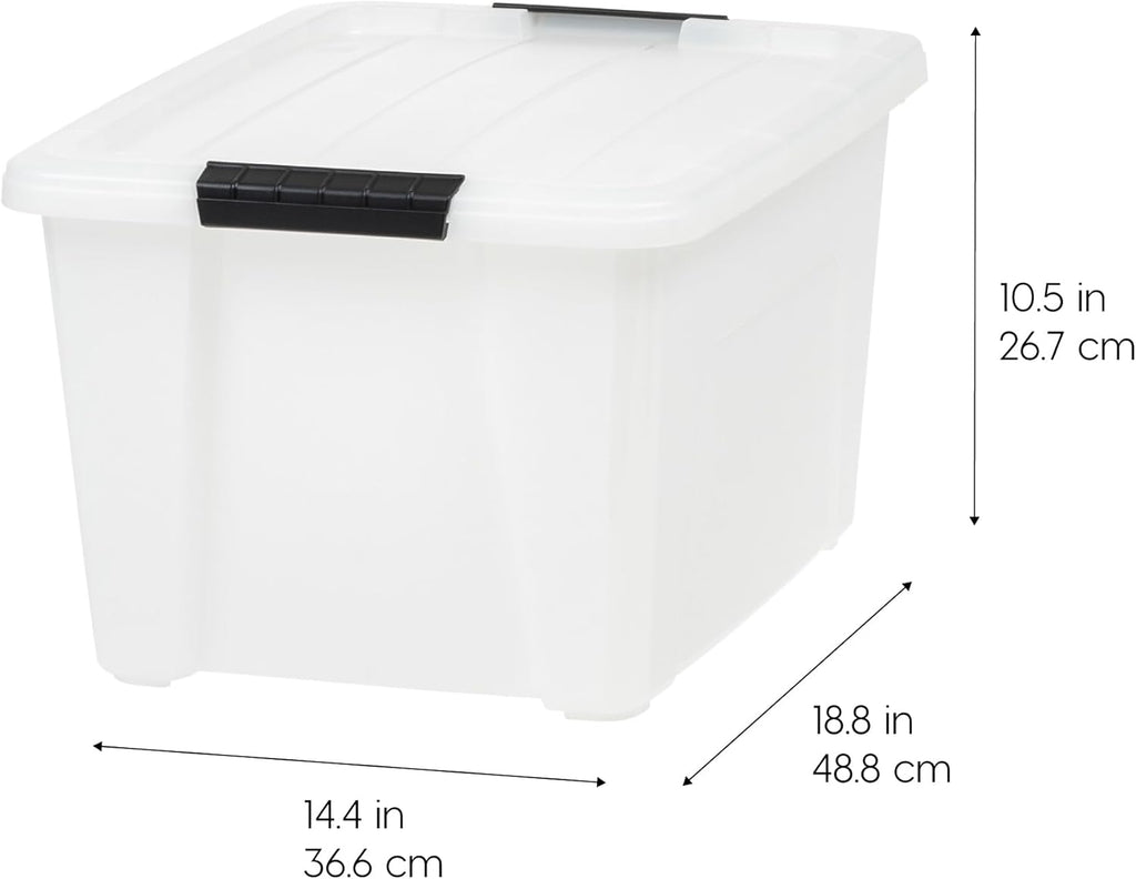 IRIS USA 33 Qt Stackable Plastic Storage Bins with Lids, 8 Pack - BPA-Free, Made in USA - Discreet Organizing Solution, Latches, Durable Nestable Containers, Secure Pull Handle - Pearl