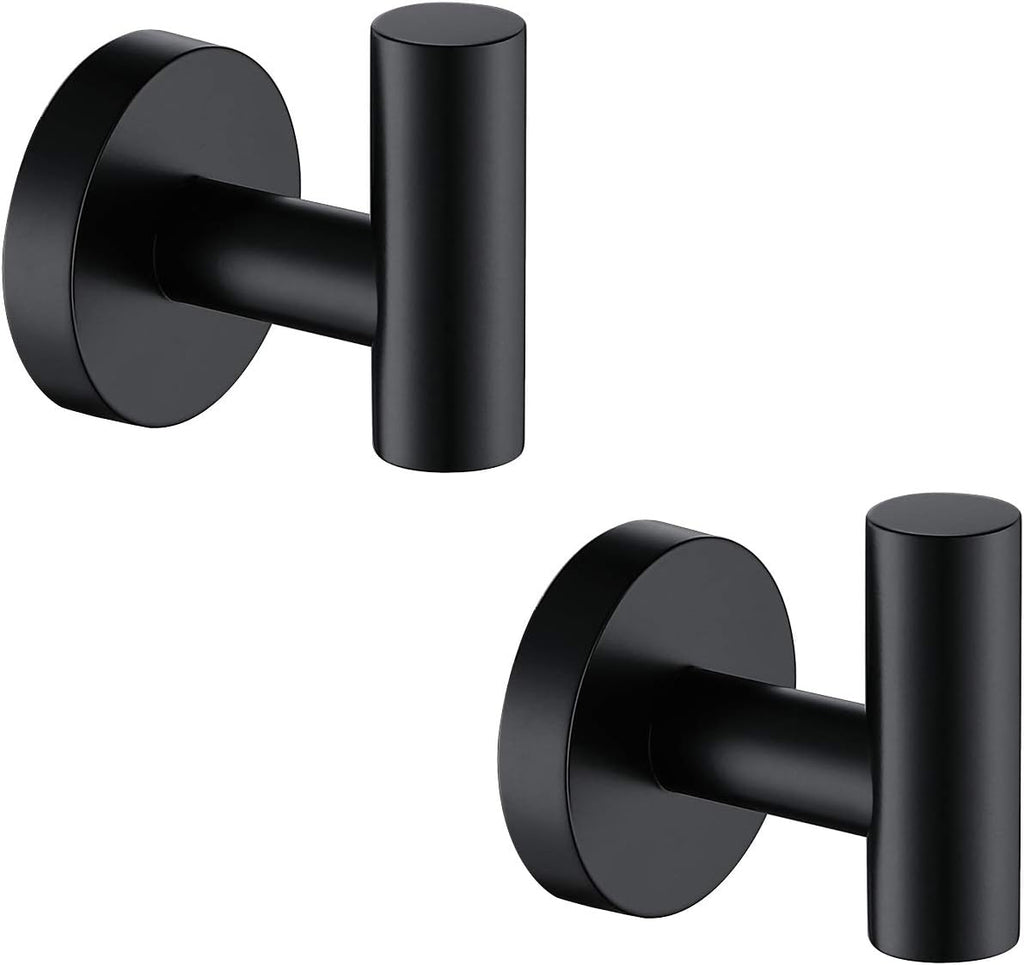 TASTOS Matte Black Bathroom Towel Coat Hook Stainless Steel, 2 Pack Robe Clothes Cabinet Closet Sponges Hooks Holder Round Style Heavy Duty Wall Hook for Bathroom Kitchen Hotel Wall Mounted