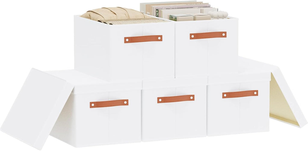 Fabric Storage Bins, Clothes Boxes for Shelves with Lids, 5 Pack Baskets for Organizing with Handles, Decorative Linen Closet Organizers, White, 16.5 x 11.8 x 10.2 Inch