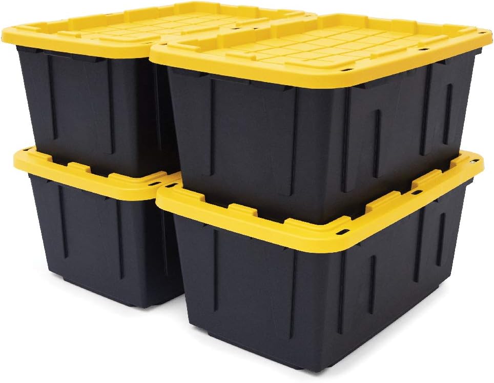 CX Black & Yellow, Shelving Unit and Heavy Duty Storage Containers, Extremely Durable (Shelf + 27 Gallon Container (4-Pack))