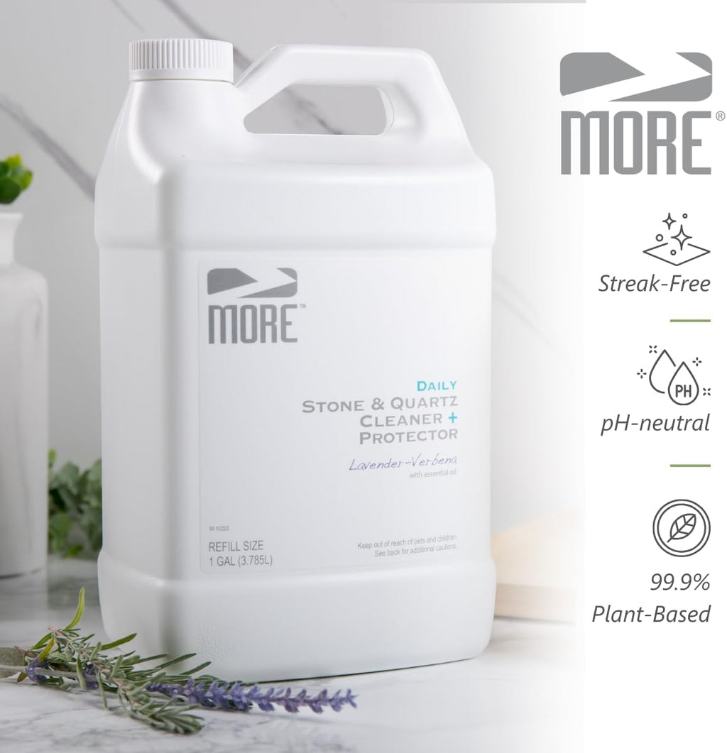 MORE Stone & Quartz Cleaner + Protector - Granite, Quartz & Marble Cleaner - For Kitchen & Bathroom Countertops - Water-Based Surface Spray Refill - Lavender-Verbena Essential Oil - Gallon (128oz)