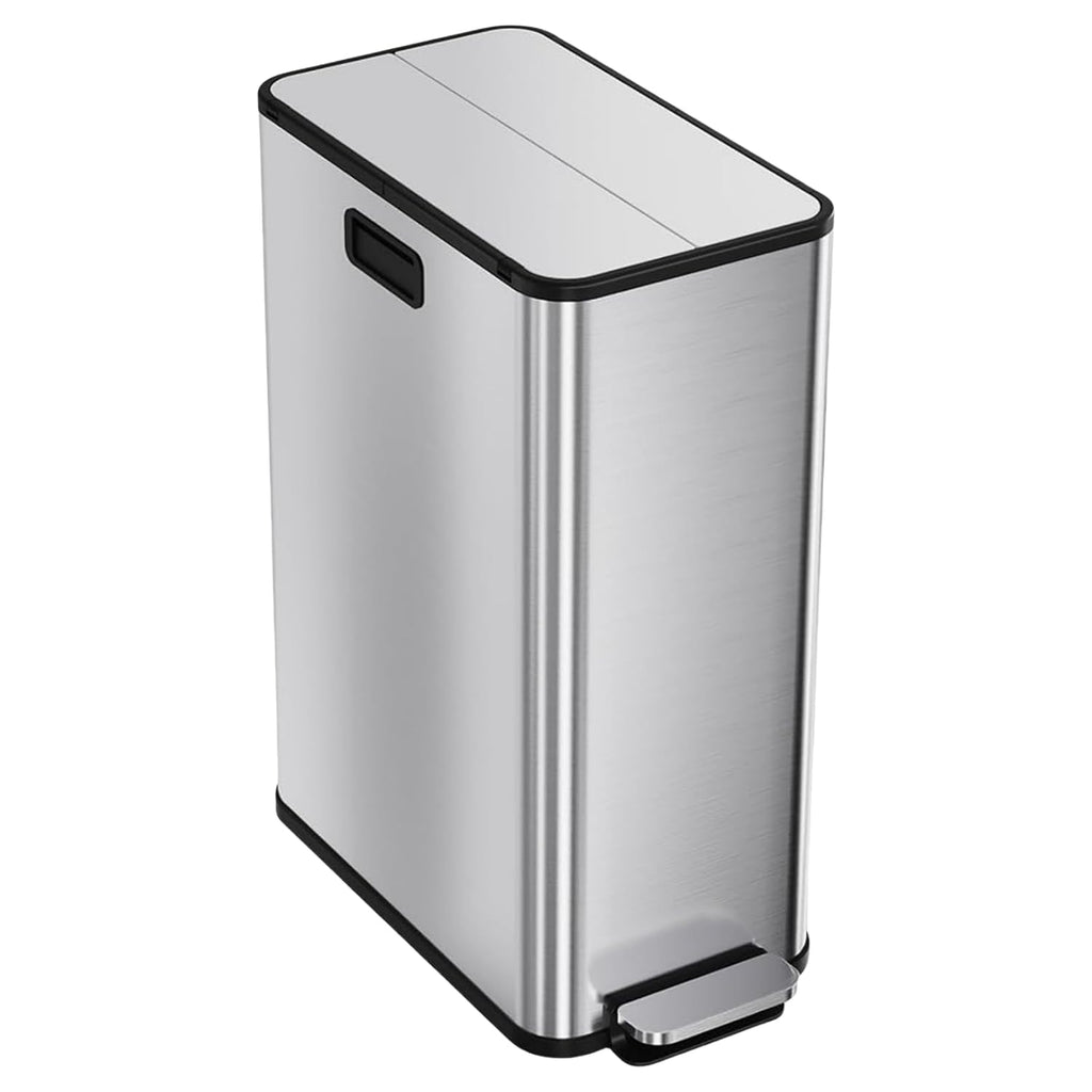 14.8 Gallon / 56L Kitchen Trash Can with Wing Lid, 2 x 7.4Gal Dual Compartments Slim Stainless Steel Garbage Can with 2 Removable Inner Buckets, Fingerprint-Proof Step Rubbish Bin With Soft-Close Lid
