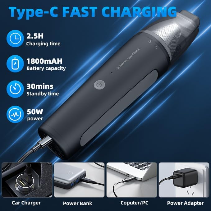 PATO Handheld Vacuum, 13000PA Portable Cordless Car Vacuum Cleaner, Suction and Blow 2-in-1 Dust Removal Vacuum Cleaner for Car, Home, Office, Pet.